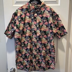 Black and Pink Casual Button Down Shirt with Floral Pattern